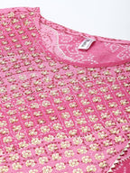 Yufta Women Pink Bandhani Yoke Design Pure Cotton Kurta with Palazzo and Dupatta