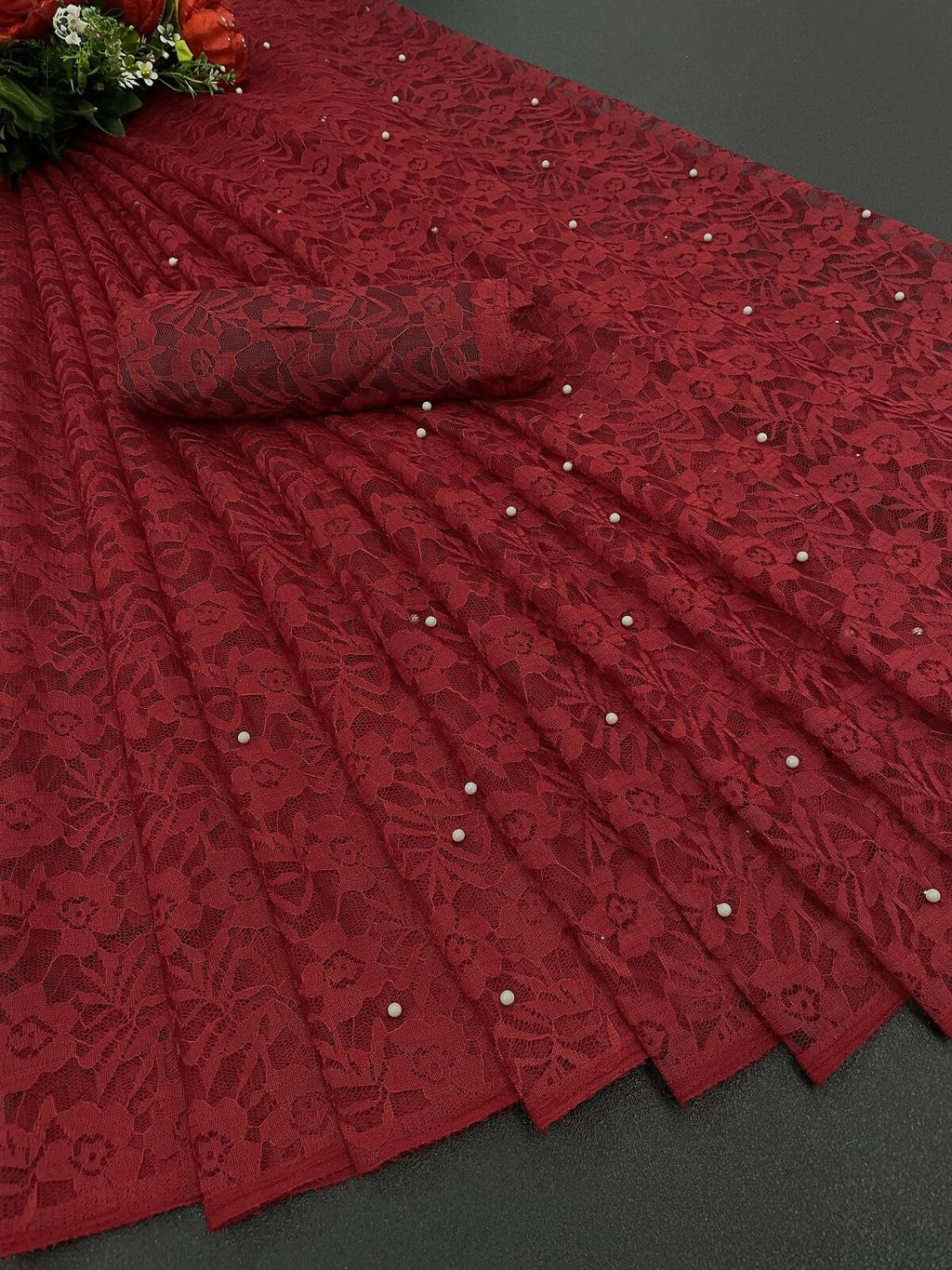 Vamika Maroon Pearls Net Saree - Distacart