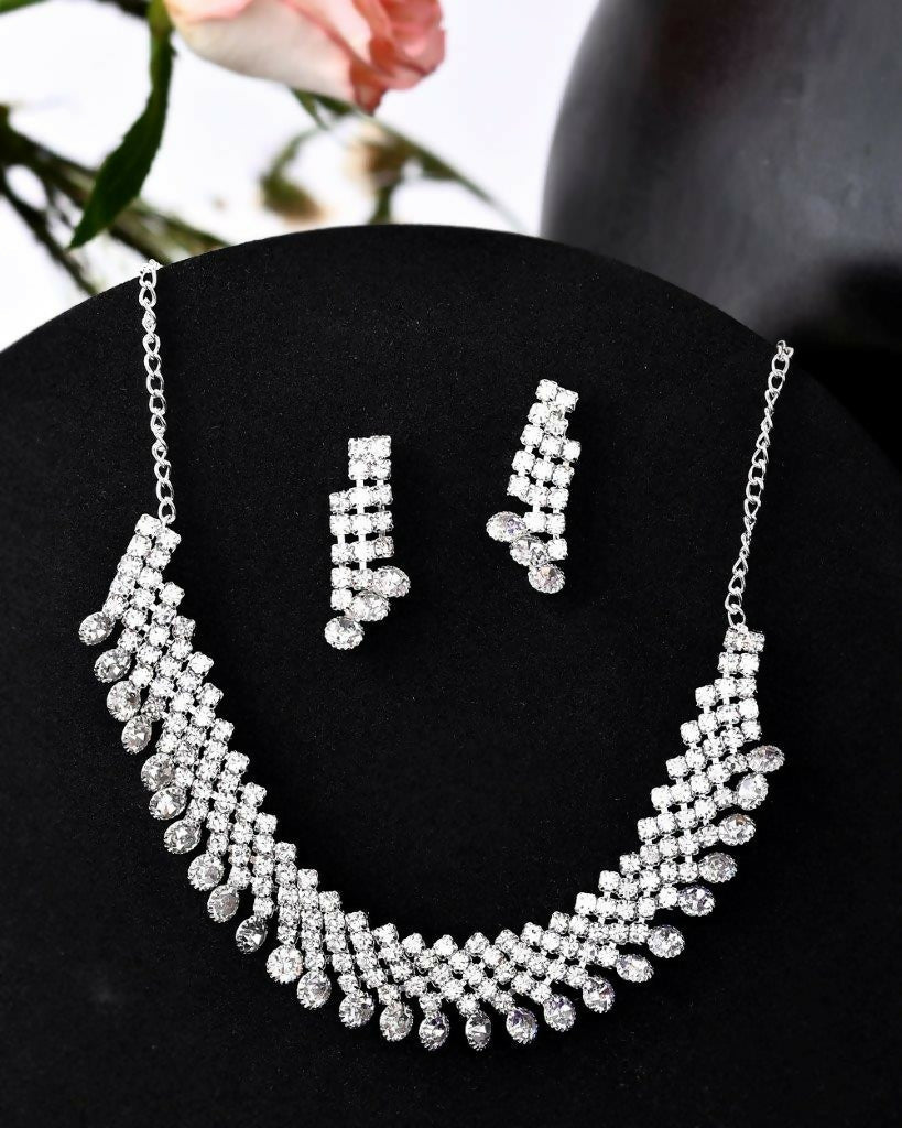 VOJ Silver Plated AD Stone Studded Necklace With Earrings Jewellery Set