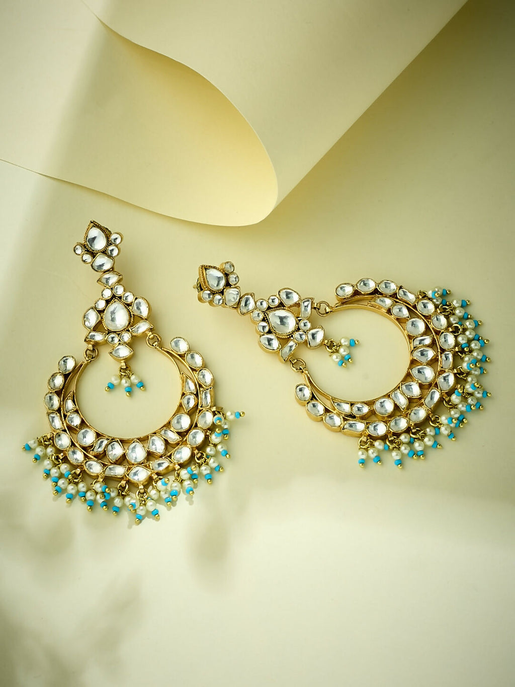 Nuyug 22K Gold-Plated Kundan Stone Studded & Pearl Beaded Chandbalis - Distacart