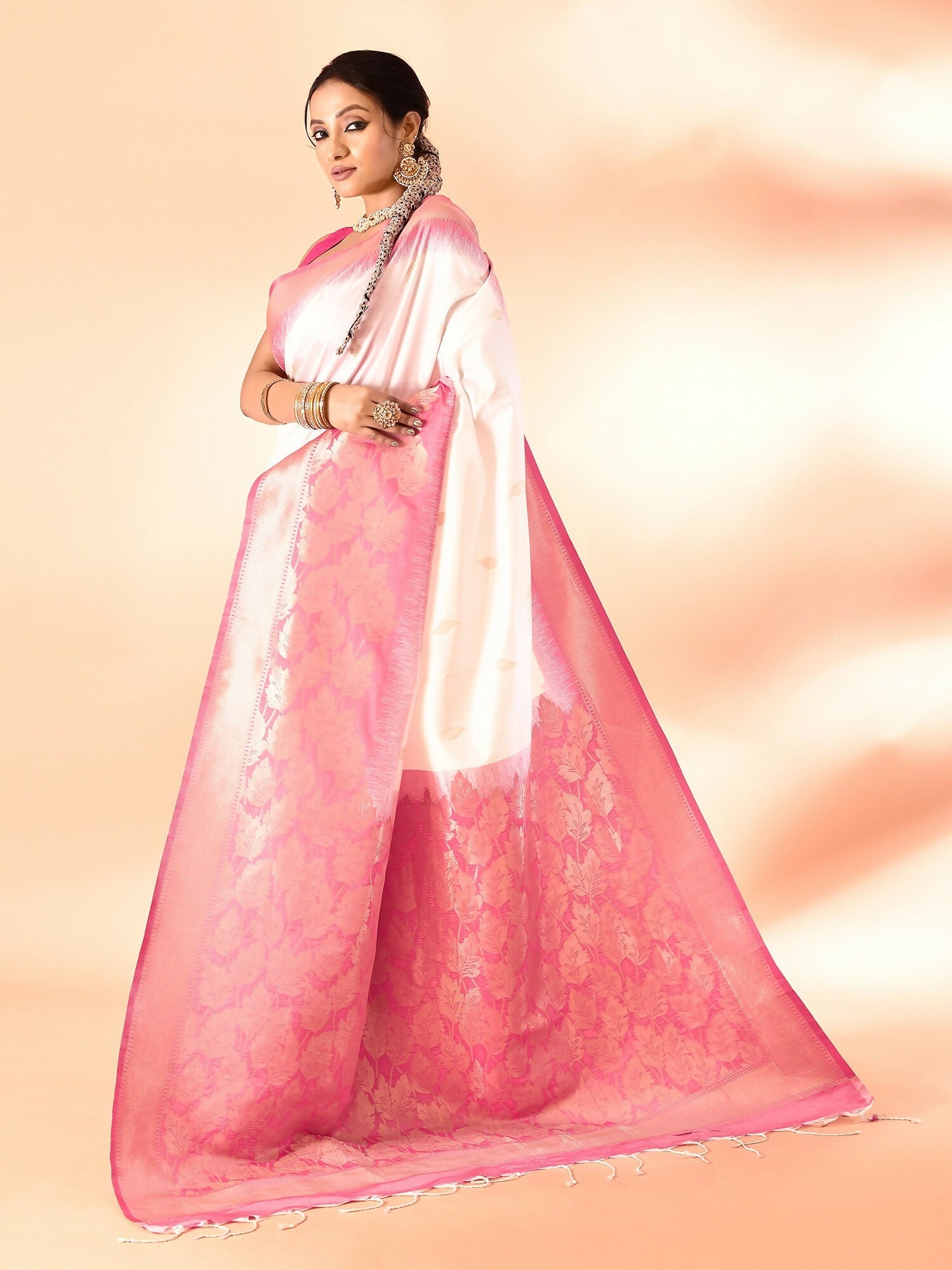 Joban Fashion White & Rani Pink Plain With Weaving Border Banarasi Silk Sarees