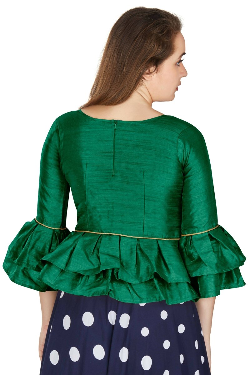 Aastha Fashion Women's Green Art Silk Bell Sleeves attire with Poly Cotton Lining Blouse