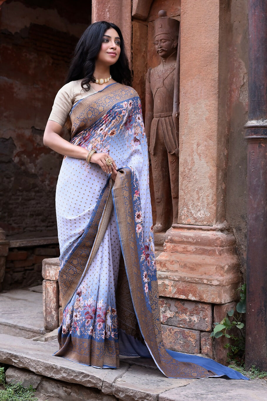 Joban Fashion Dusty Blue Crepe Chiffon Pure Handloom Banarasi Silk Saree