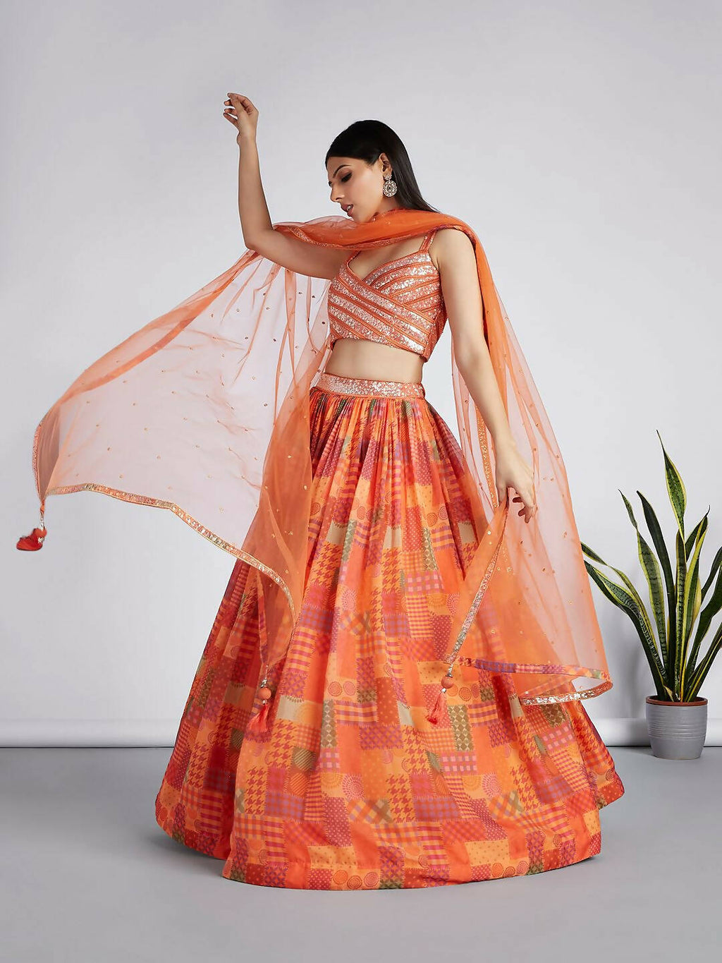 House of Panchhi Orange colour Organza Treditional design digital print Semi-Stitched Lehenga choli & Dupatta