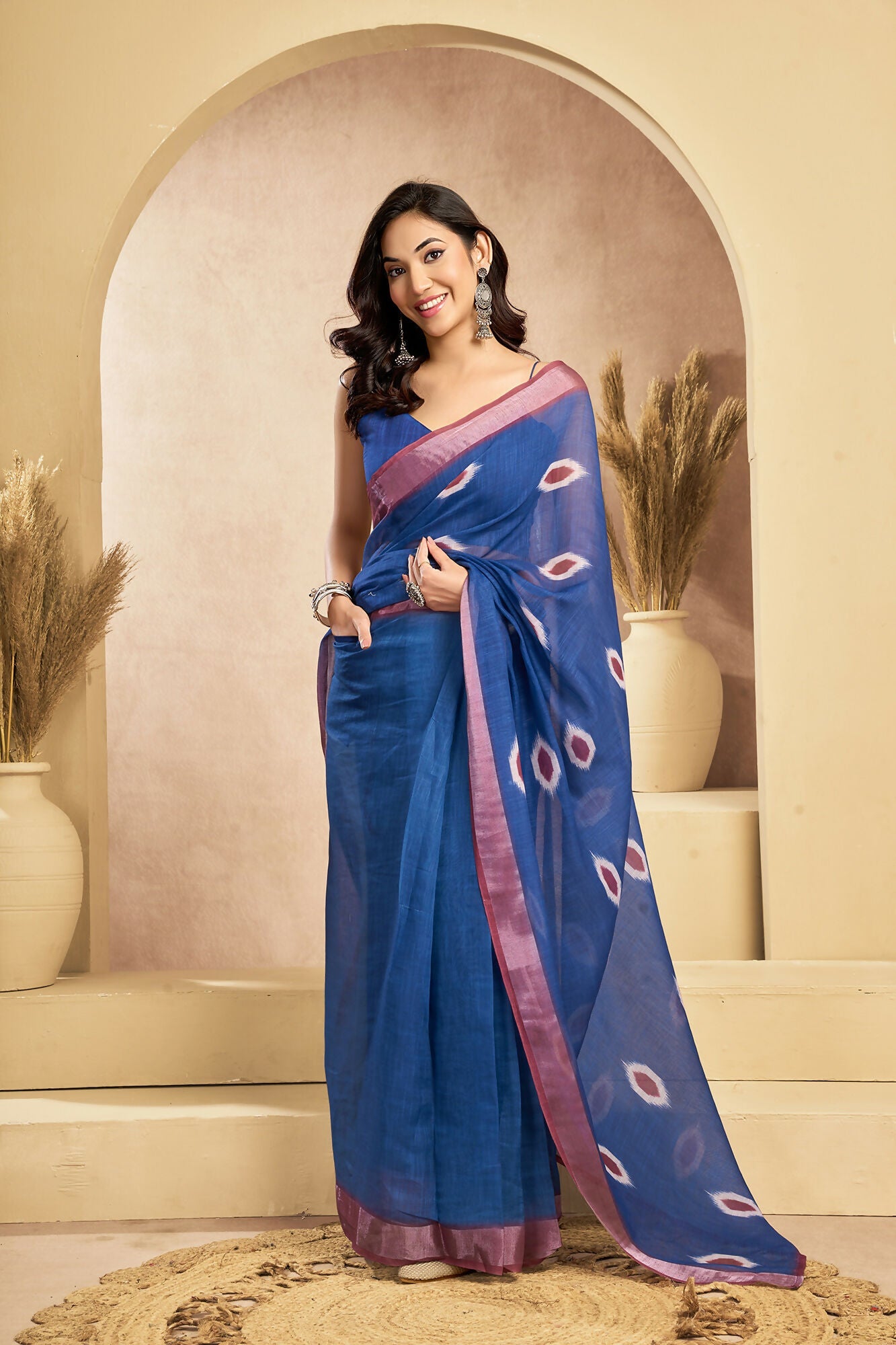 Vastranavya Blue Digital Printed Linen Ready To Wear Pocket Saree with Unstitched Blouse - Distacart