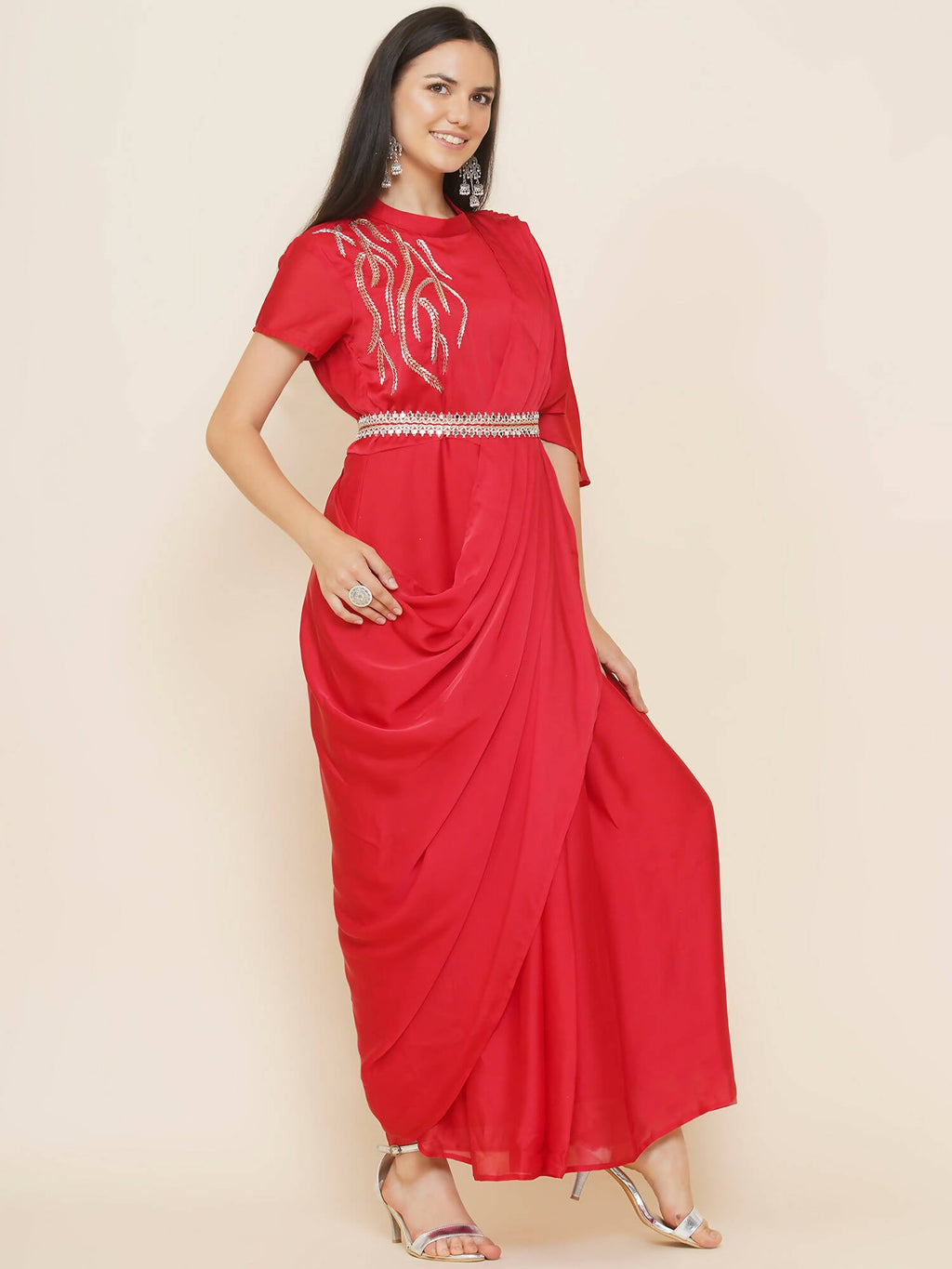 Women Republic Red Hand Embelleshed Gown With Drape - Distacart