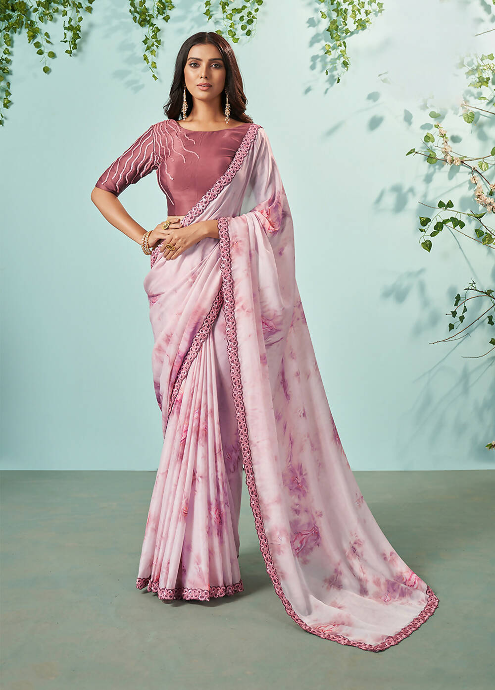 Mauve Crepe Silk Printed Saree With Unstitched Blouse Piece - Norita Ikshita