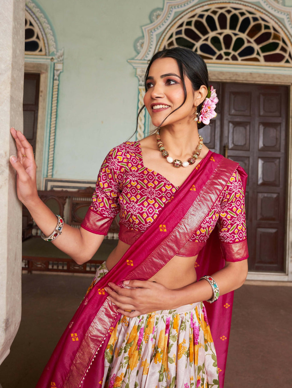Vastranavya Exquisite Tussar Silk Lehenga Set With Perfect Floral And Patola Print Design Lehenga Choli - Pink