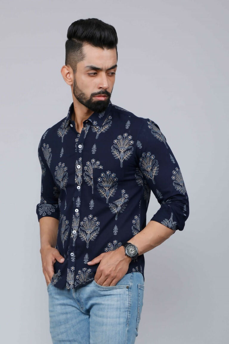 Miravan Men's Blue Spread Collar Floral Print Shirt
