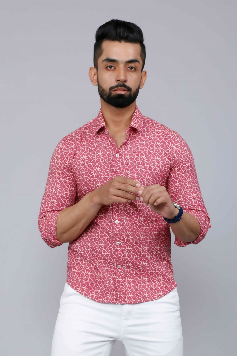 Miravan Men's Cotton Pink Floral Printed Shirt