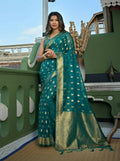 Delightful Designer Turquoise Color Organza Silk Saree With Weaving Work - Yomika Fashions