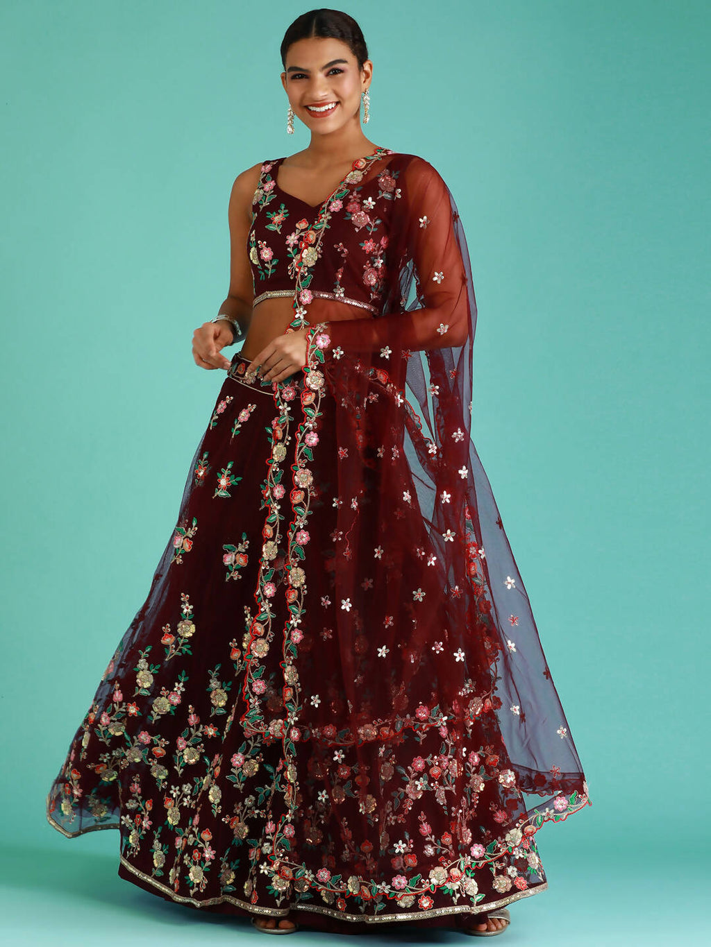 House of Panchhi Burgundy Net Sequinse Work Lehenga & Blouse, Dupatta