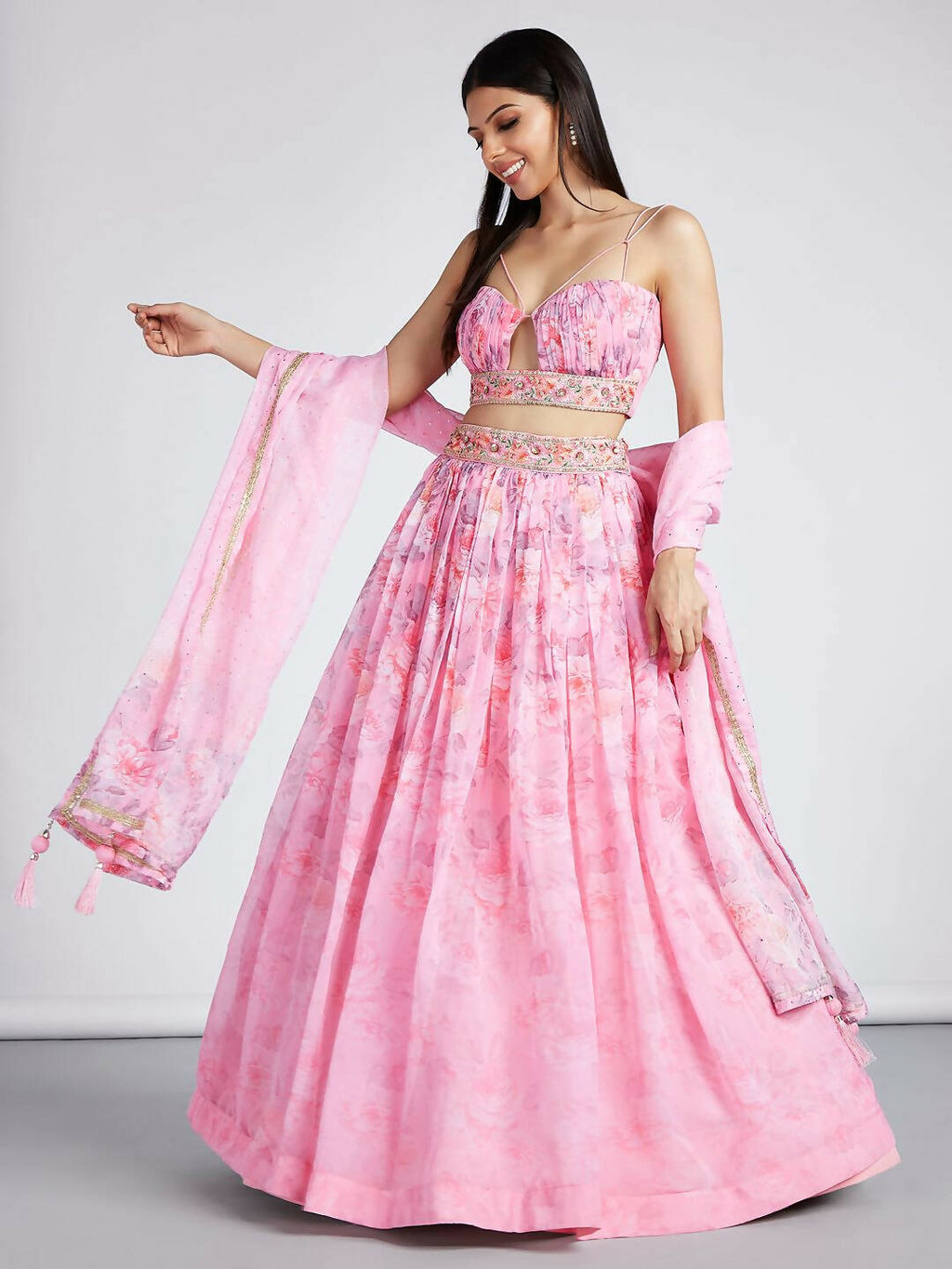 House of Panchhi Coral colour Organza Floral design digital print Semi-Stitched Lehenga choli & Dupatta