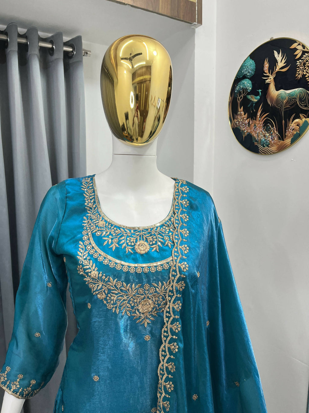 Teeya Creation Teal Color Fendy Satin Silk Heavy Embroidery Work Sharara Suit - Distacart