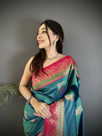 Joban Fashion Teal Banarasi Soft Silk Peacock Butta Work Saree - Distacart