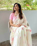 Prime Volt Women's Cream Floral Digital Print Soft Linen Saree With Lace Border & Blouse - Distacart