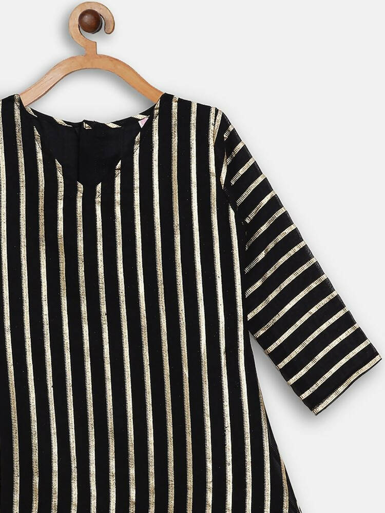 Ahalyaa Black Georgette Stripped Gold Printed Kids Kurta Pant Set For Girls