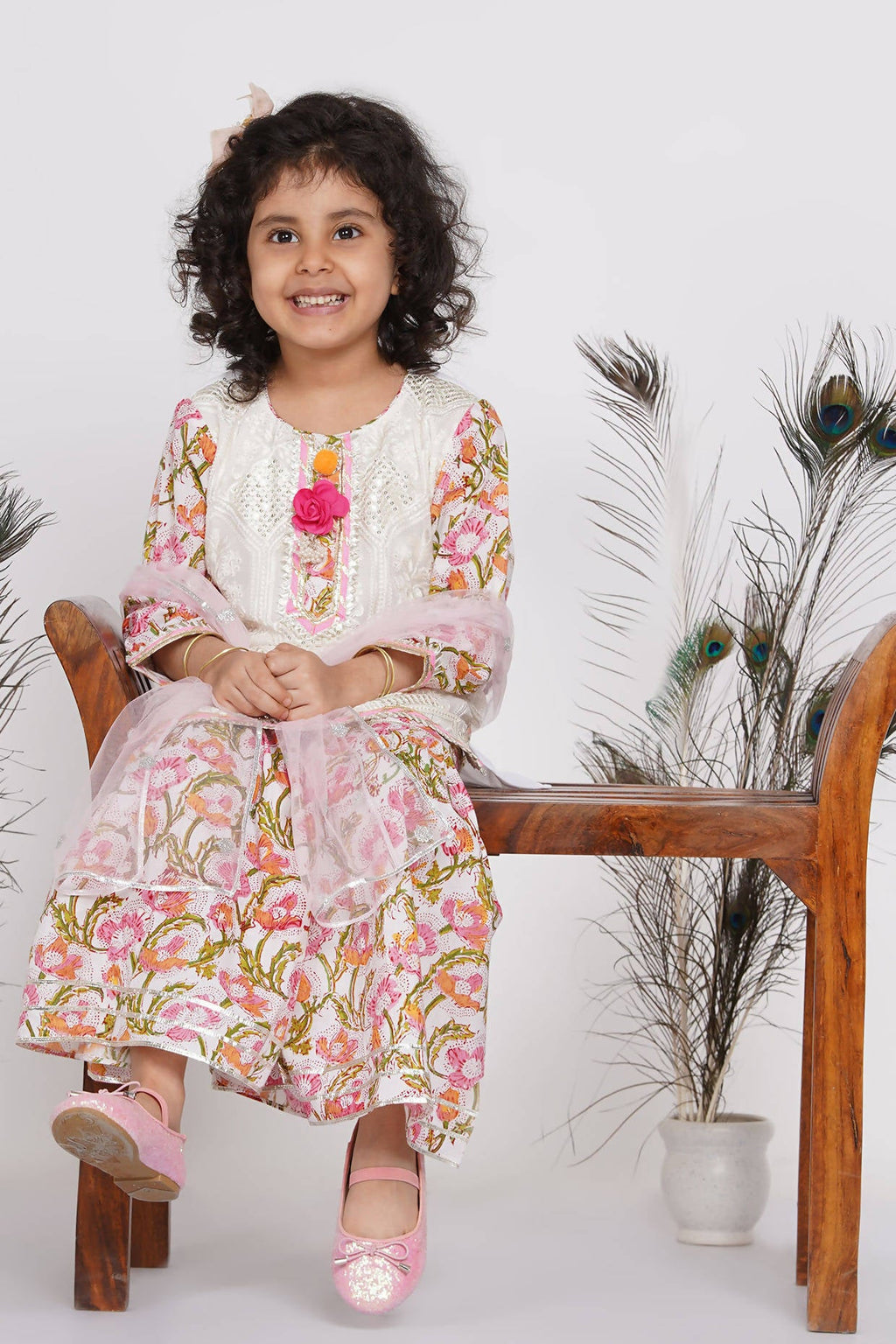 Little Bansi Girls Cotton Floral work Kurta with Floral Sharara & Dupatta - White