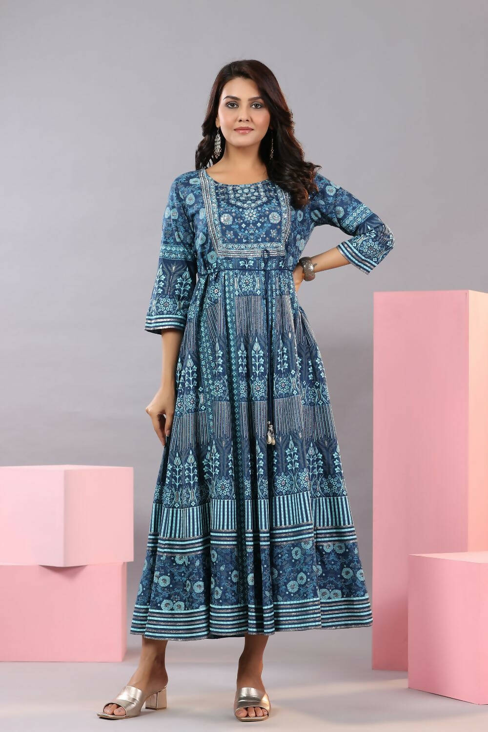 Juniper Women Blue Shantoon Floral Printed Maxi Dress - Distacart