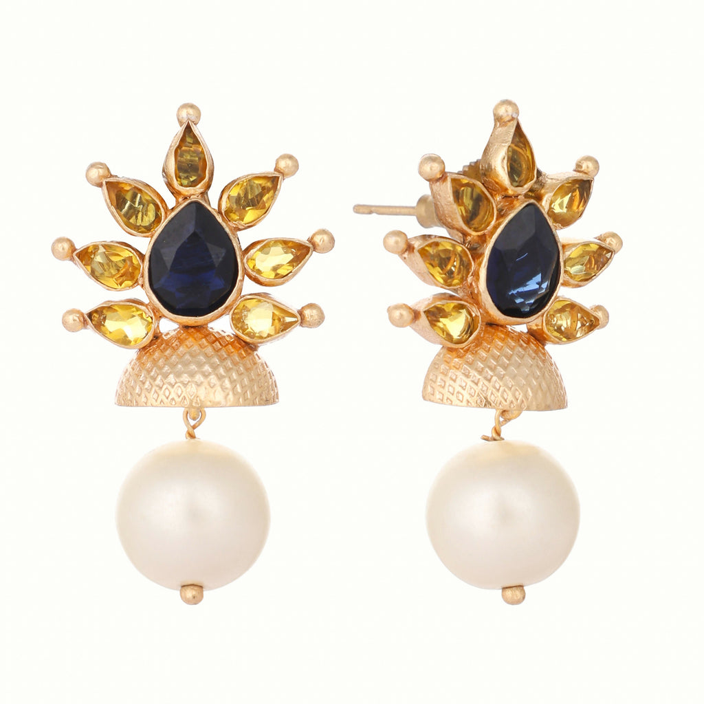 Nuyug 22K Gold Plated Pearl & Crystal Studded Contemporary Floral Stud Earrings - Distacart