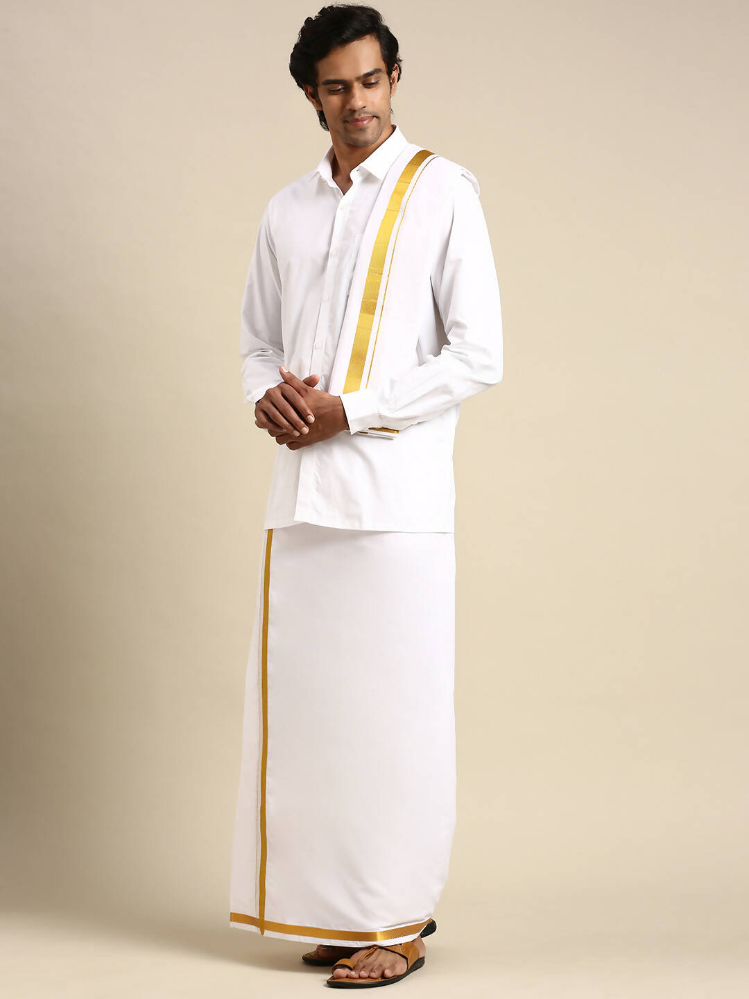 Ramraj Cotton Mens Wedding White Regular Dhoti, Shirt & Towel Set Subhakalyan 1"