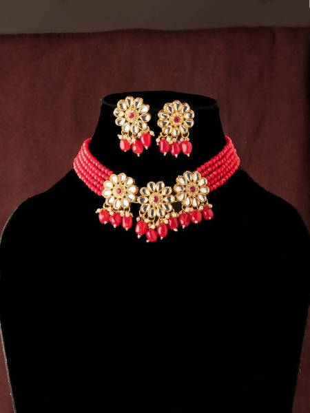 Mominos Fashion Johar Kamal Women's Red Beads Pearls Gold-Polished Jewellery Set