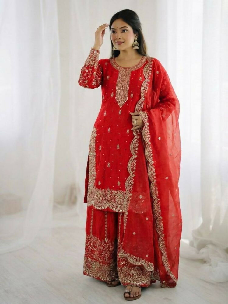 Teeya Creation Red Color Fendy Silk Embroidery Work Wedding Wear Salwar Suit - Distacart