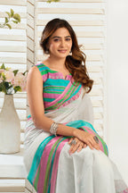 Vastranavya Multicolor Digital Printed Linen Ready To Wear Designer Saree with Unstitched Blouse - Distacart