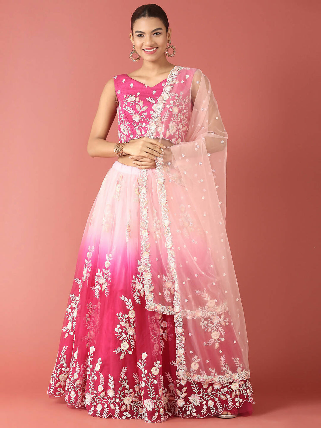 House of Panchhi Rose Tone Shadding Net Sequinse Work Lehenga & Blouse, Dupatta