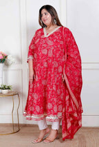 Miravan Plus Size Women'S Red Embroidered Anarkali Kurta And Dupatta  - Distacart