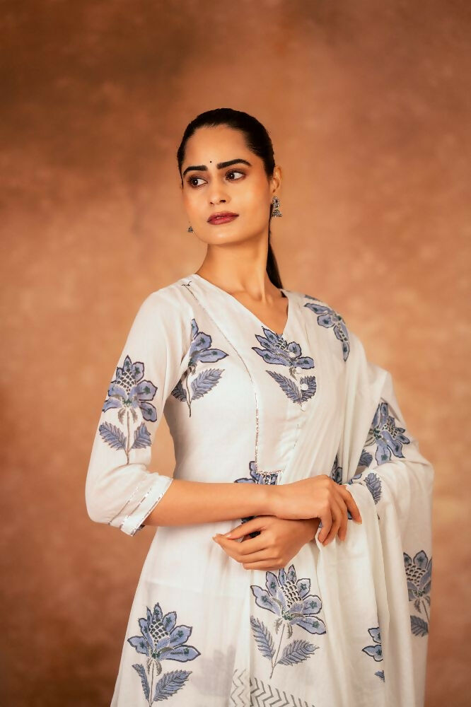 Joban Fashion Off White Blue Hand Block Printed Cotton Suit Set - Distacart
