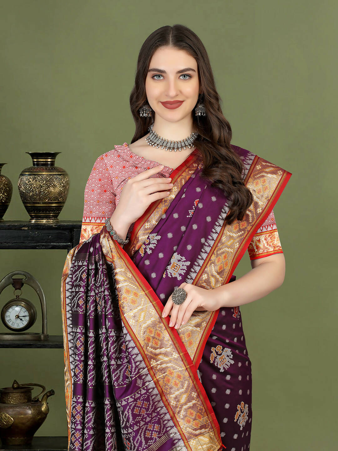 Lorenvalley Fashion Purple Patola Silk Woven Design Zari Meenakari Weaving Saree