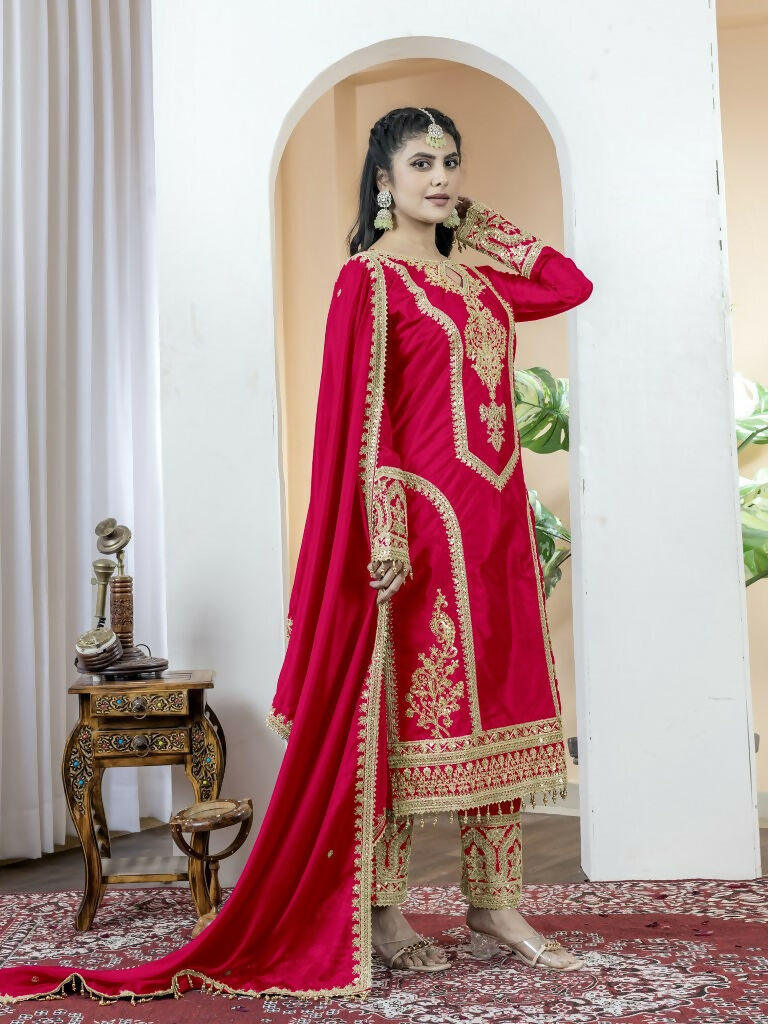 Teeya Creation Red Color Chinnon Silk Embroidery Work Fully Stitched Salwar Suit - Distacart