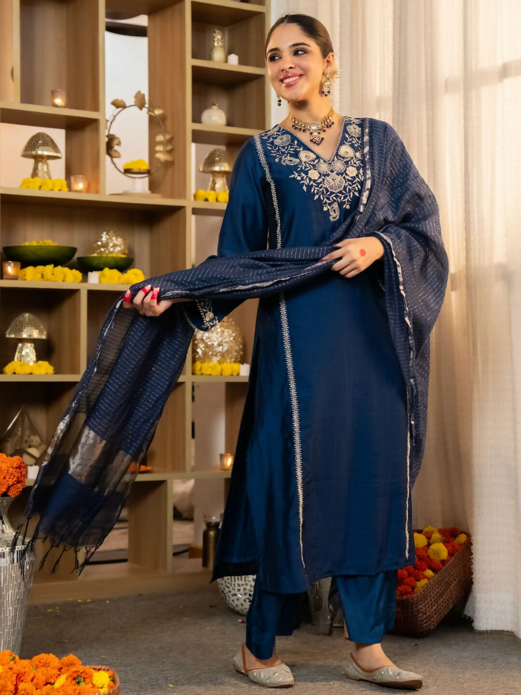The52 Women's Beautiful Viscose Silk Fabric Embroidery Work A-Line Kurta Pant and Dupatta Set - Distacart