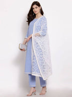 Myshka Beautiful Women's Blue Cotton 3/4 Sleeve Round Neck Solid Casual Kurta Pant Dupatta Set