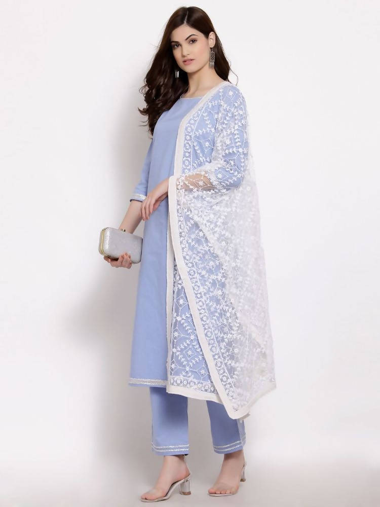 Myshka Beautiful Women's Blue Cotton 3/4 Sleeve Round Neck Solid Casual Kurta Pant Dupatta Set