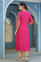 Juniper Women's Fuchsia Rayon Staple Placement Printed A-Line Kurta - Distacart