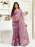 Joban Fashion Dusty Wine Floral & Striped Linen Ready To Wear Saree With Unstitched Blouse - Distacart