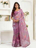 Joban Fashion Dusty Wine Floral & Striped Linen Ready To Wear Saree With Unstitched Blouse - Distacart