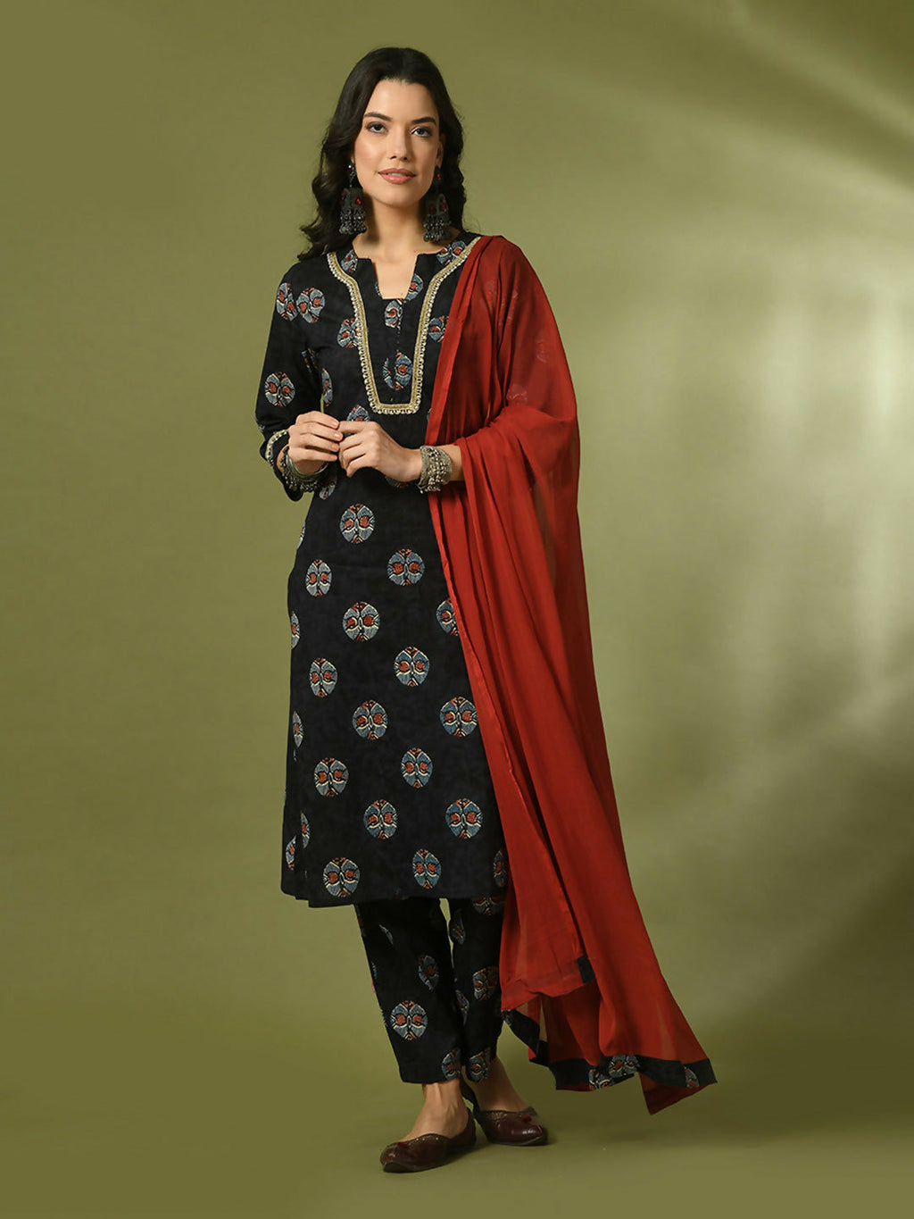 Myshka Women's Black Printed Cotton Straight Party Kurta Set With Dupatta