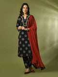 Myshka Women's Black Printed Cotton Straight Party Kurta Set With Dupatta