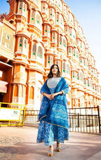 Yufta Women Blue Printed Pure Cotton Anarkali Kurta with Trouser & With Dupatta