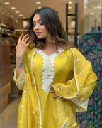 The52 Yellow Women's Gorgeous Embroidered Georgette Fabric Straight Kurta Pant with Dupatta Set - Distacart