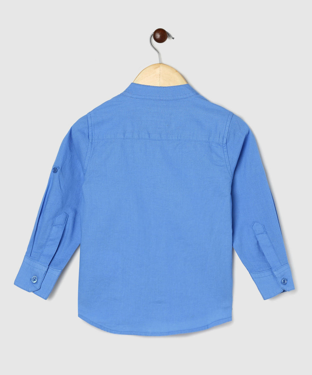 Manet Boys Mandarin Collar Full Sleeves Melange Shirt - Light Blue
