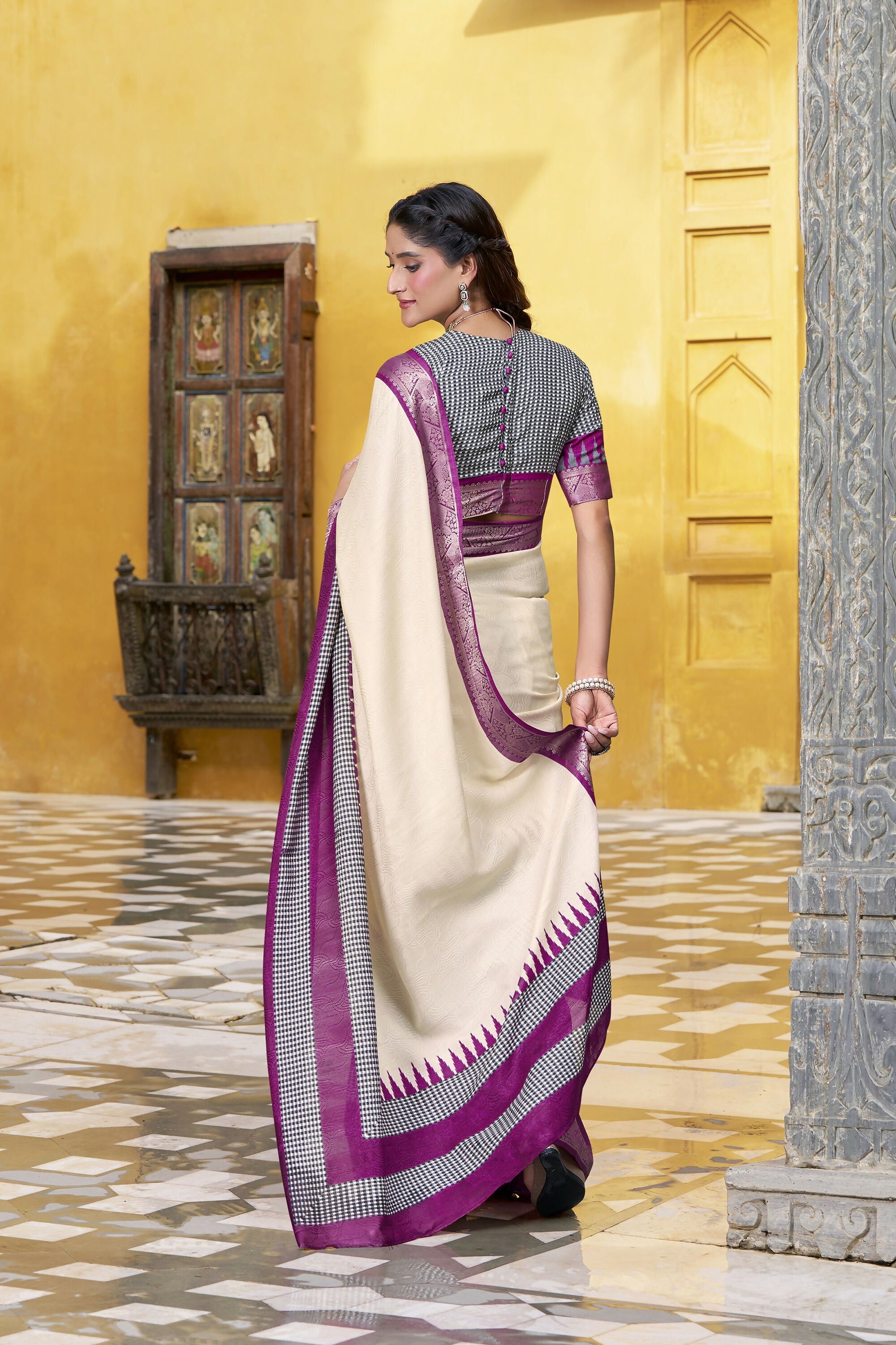 Vastranavya Off White Printed with Zari Weaving Work Poly Cotton Saree & Unstitched Blouse - Distacart