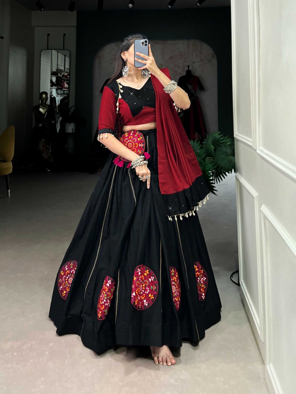 Vastranavya Navaratri Special Pure Cotton Gamthi Patch Work With Gota Patti Touch Up Lehenga Stitched Choli - Black