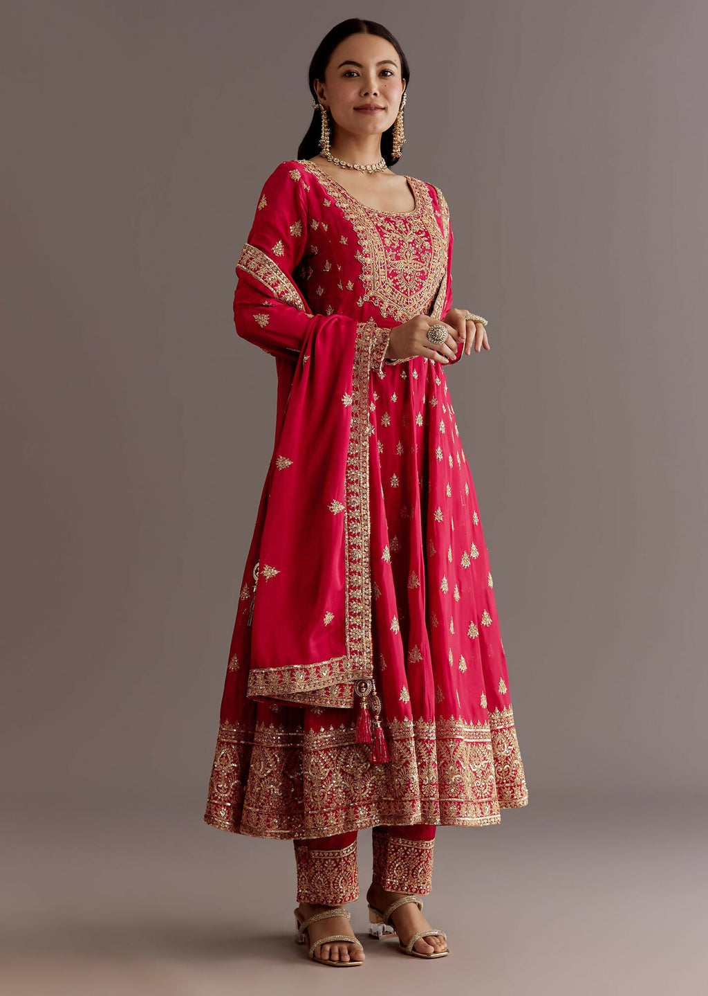 Teeya Creation Red Color Chinnon Silk Embroidery Work Gown - Distacart