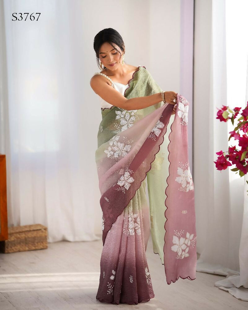 Pista and Wine Crunchy Crush Pedding Color Embroidery Work Party Wear Saree - Zuleika
