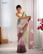 Pista and Wine Crunchy Crush Pedding Color Embroidery Work Party Wear Saree - Zuleika
