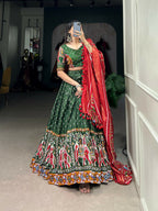 Vastranavya Navaratri Special Dola Silk Patola Print With Gamthi Work Lace Border Lehenga with Stitched Blouse - Green